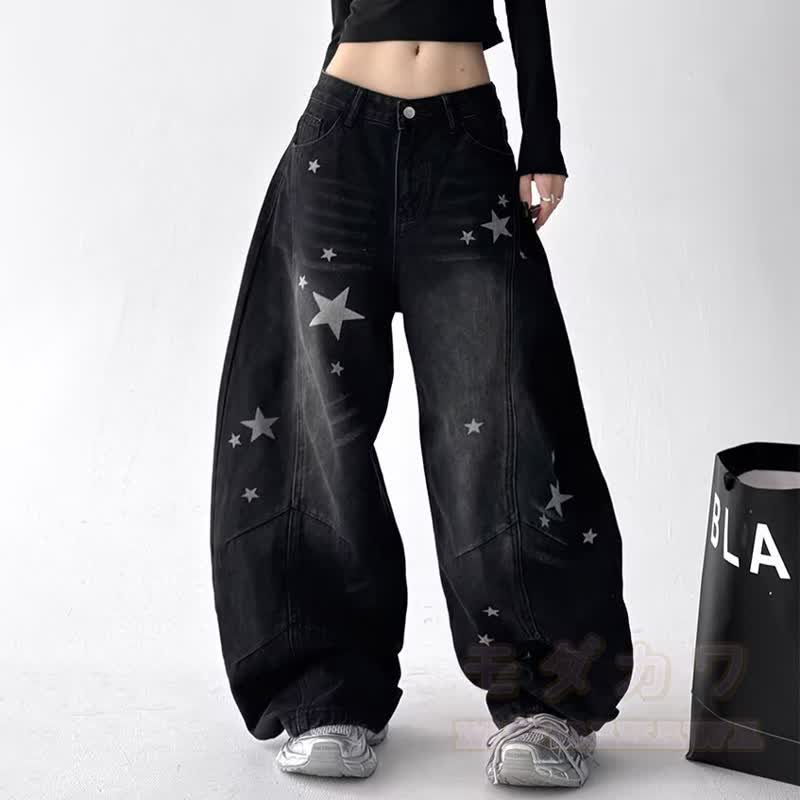 Vintage Cat Print Off‑Shoulder Sweatshirt Star Patch Jeans Two Pieces Set - Pants - 3XL - image 5