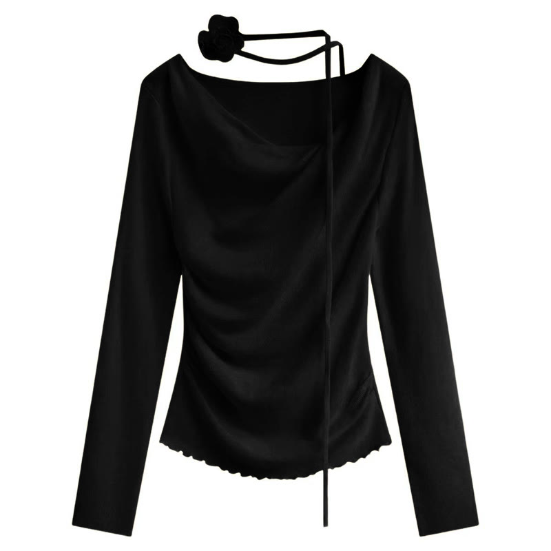 Irregular Ruffle Trim Flower Strap Top - Black - One Size - image 6
