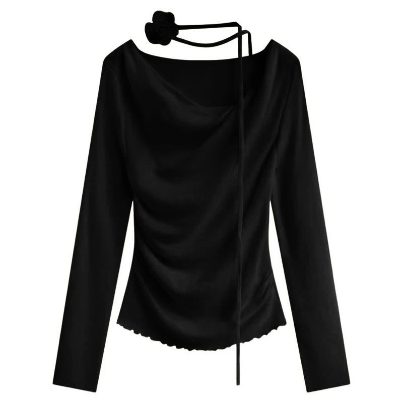 Irregular Ruffle Trim Flower Strap Top - Black - One Size - image 6