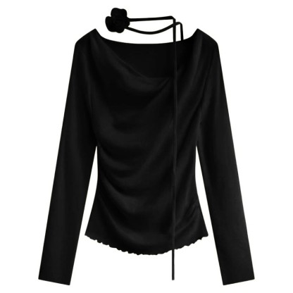 Irregular Ruffle Trim Flower Strap Top - Black - One Size - image 6