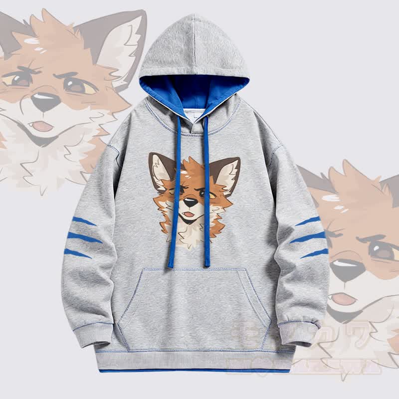 MODAKAWA X atka Squinty Fox Graphic Oversized Contrast Lining Pullover Hoodie - Grey - 4XL - image 3