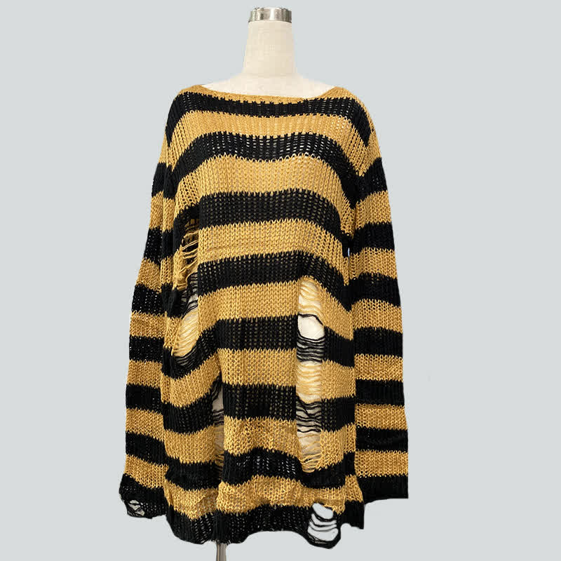 Oversized Striped Hollow Out Ripped Long Sleeve Knit Sweater - Black & Gold - One Size - image 13