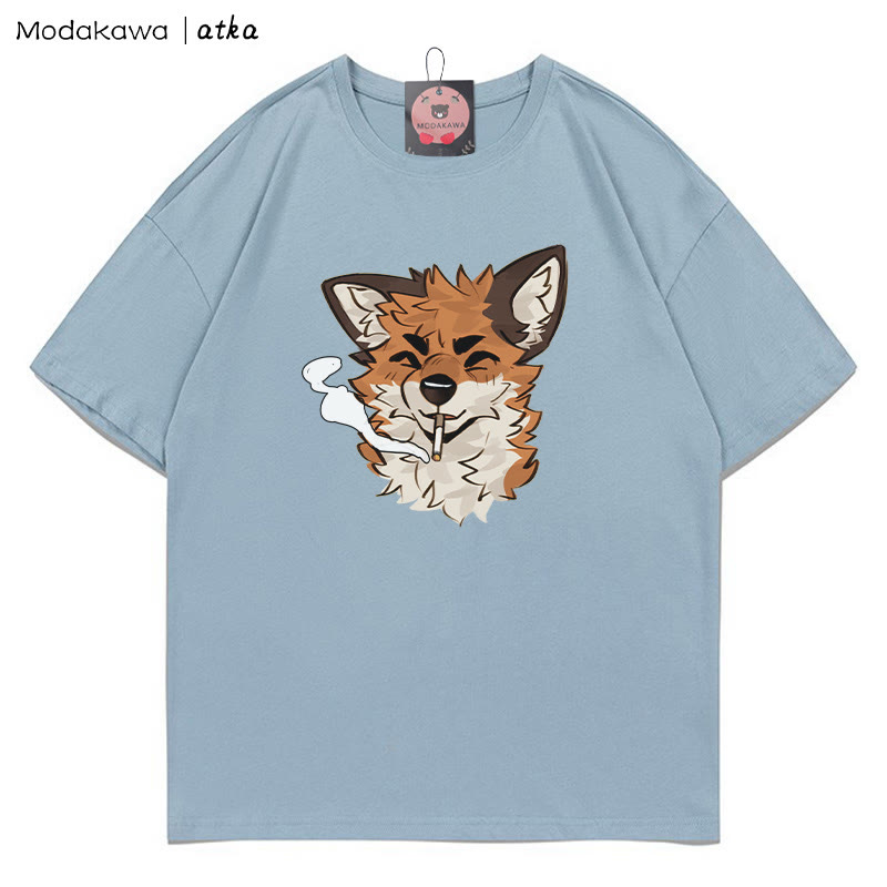 MODAKAWA X atka Fox Smoking Graphic T-shirt - Dusty Blue - 5XL - image 6