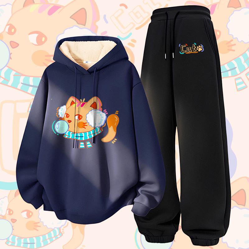 MODAKAWA Bubble Cat Graphic Thick Fleece Lined Hoodie Pants Two Pieces Set - Purplish Blue&Black - 5XL - image 3