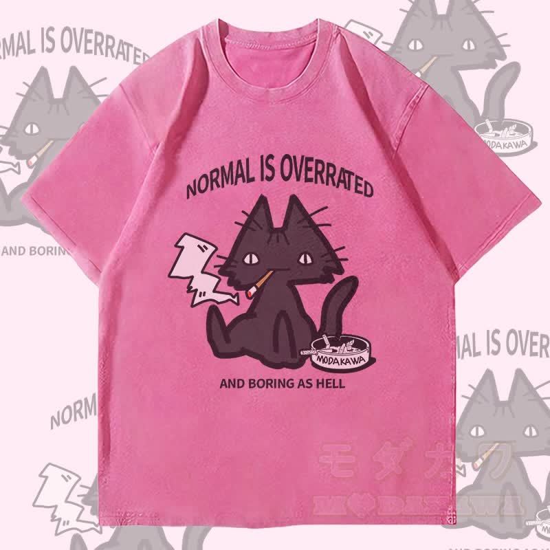 MODAKAWA NORMAL IS OVERRATED Smoking Cat Graphic Unisex Vintage Washed T-Shirt - Rose Red - 4XL - image 3