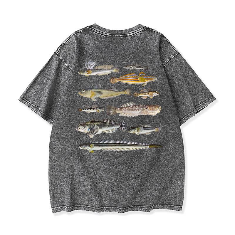 Modakawa Marine Fish Print Washed Loose Oversized Short Sleeve Tee - Grey - 3XL - image 5