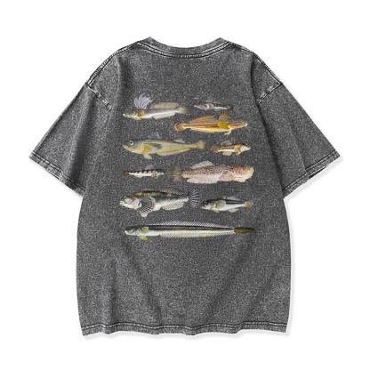 Modakawa Marine Fish Print Washed Loose Oversized Short Sleeve Tee - Grey - 3XL - image 5