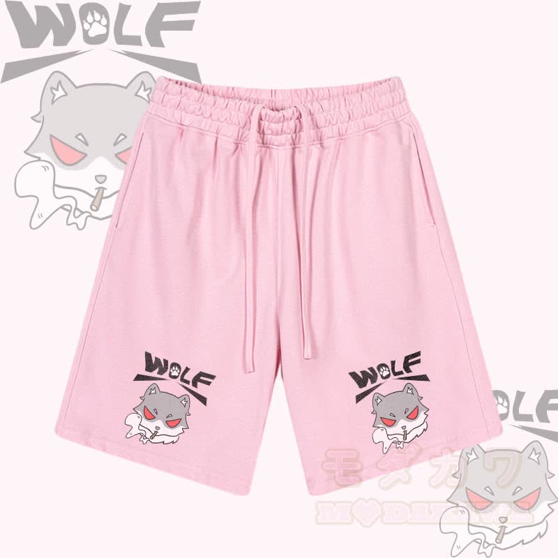 MODAKAWA Smoking Wolf Graphic Drawstring Shorts - Pink - 2XL - image 5