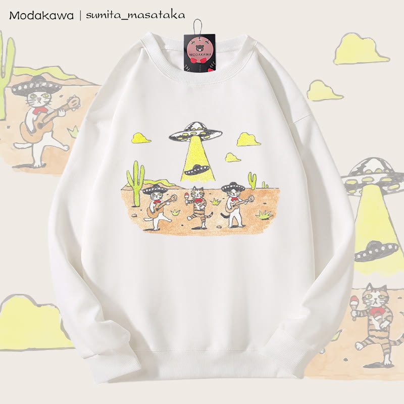 MODAKAWA X sumita_masataka Cat Band And The UFO Graphic Unisex Sweatshirt - White - 5XL - image 4