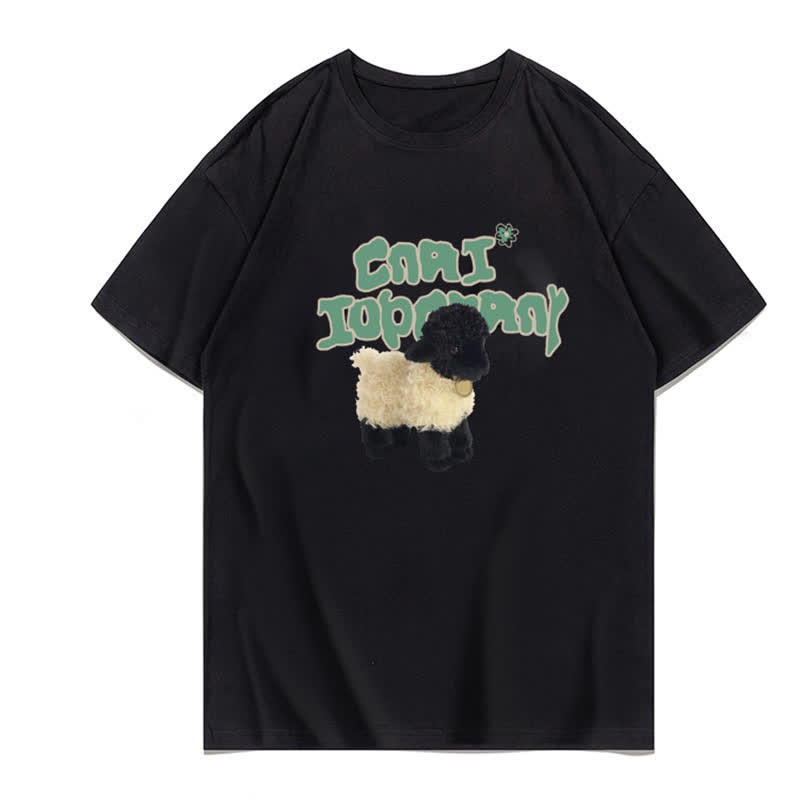 Cartoon Bunny Bear Sheep Print Loose T-Shirt - Black D - 3XL - image 14