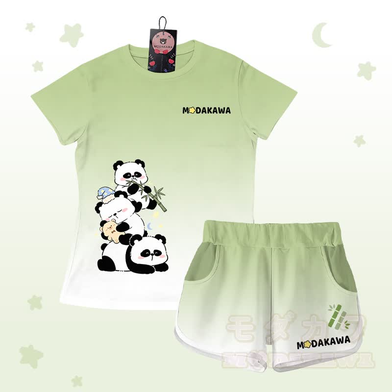Gradient Panda Graphic T-shirt Letter Graphic Shorts Modakawa Matching Outfit - Green Set - 5XL - image 3