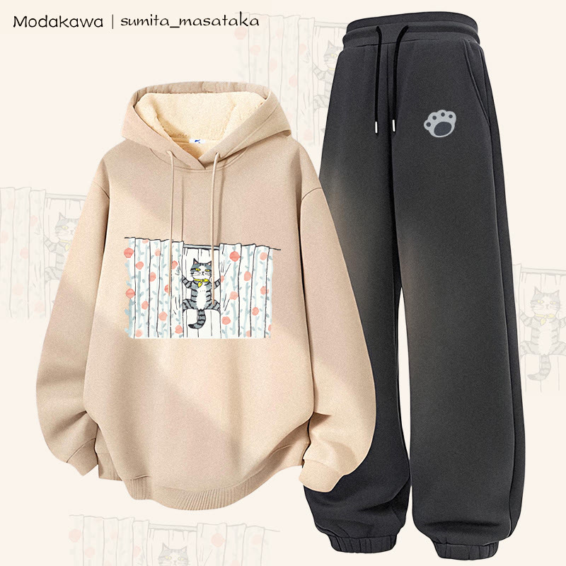 MODAKAWA X sumita_masataka Curtain Climbing Cat Graphic Thick Fleece Lined Hoodie Pants Two Pieces Set - Apricot&Dark Grey - 5XL - image 3