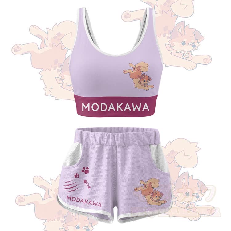 MODAKAWA X popipeko Cute Puppy Graphic Crop Tank Sport Top Shorts Bikini Matching Outfit - Purple Set - 5XL - image 14