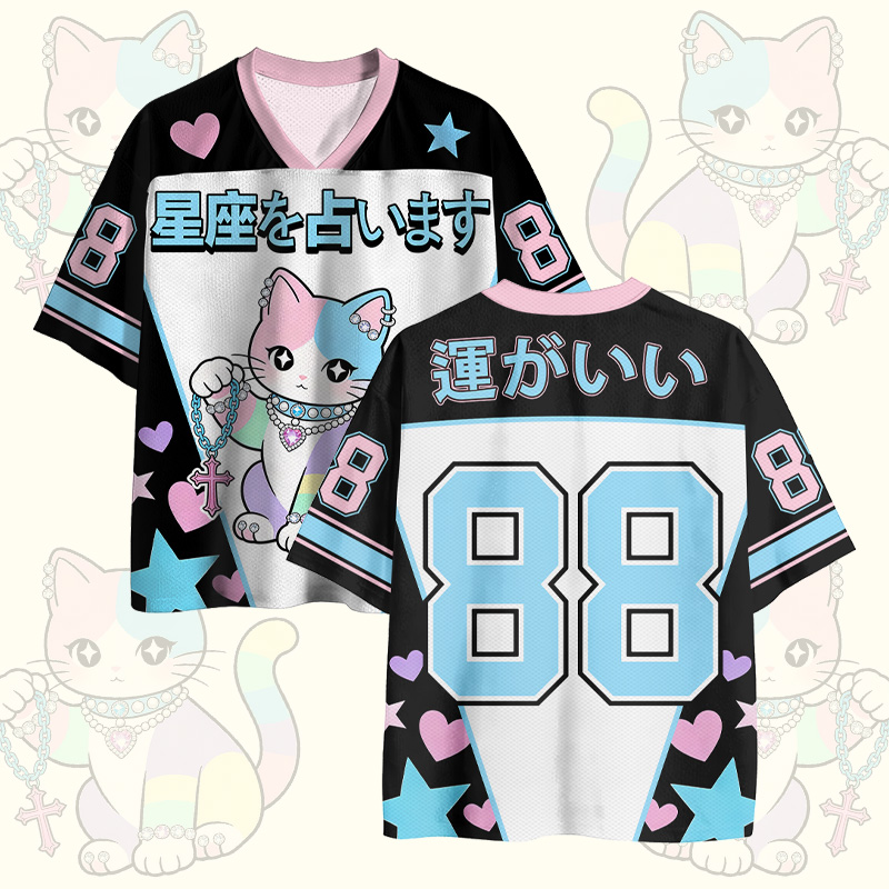 Tarot Cat Number Graphic Modakawa Vintage Mesh Jersey T-shirt - Blue - 4XL - image 3