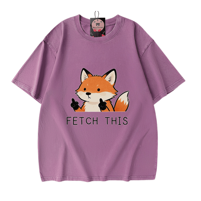 FETCH THIS Fox Graphic Modakawa Vintage Washed 100% Cotton T-shirt - Purple - 5XL - image 6