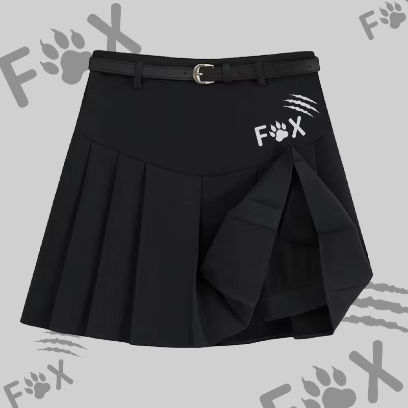 MODAKAWA X atka Funny Fox Square Neck T-shirt Belt Pleated Skirt Matching Outfit - Black Skirt - 2XL - image 6