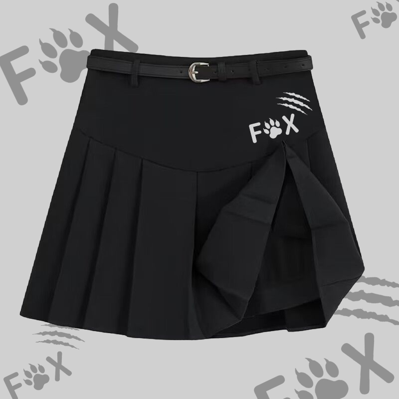 MODAKAWA X atka Funny Fox Square Neck T-shirt Belt Pleated Skirt Matching Outfit - Black Skirt - 2XL - image 5