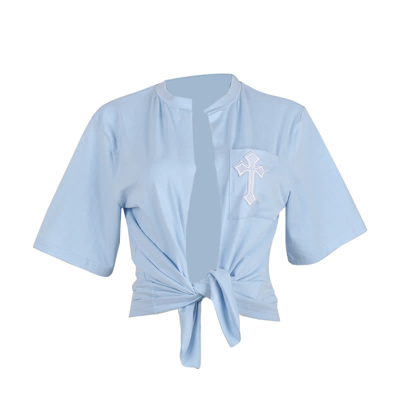 Cross Embroidery Pocket Lace Up Crop T-Shirt - Blue - L - image 4
