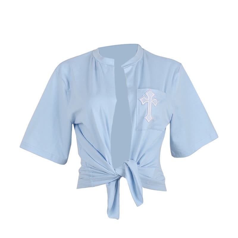 Cross Embroidery Pocket Lace Up Crop T-Shirt - Blue - L - image 4