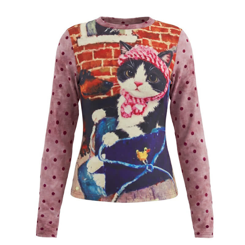 Y2K American Style Vintage Cat Print Polka Dot Long Sleeve T-shirt - Pink - L - image 4