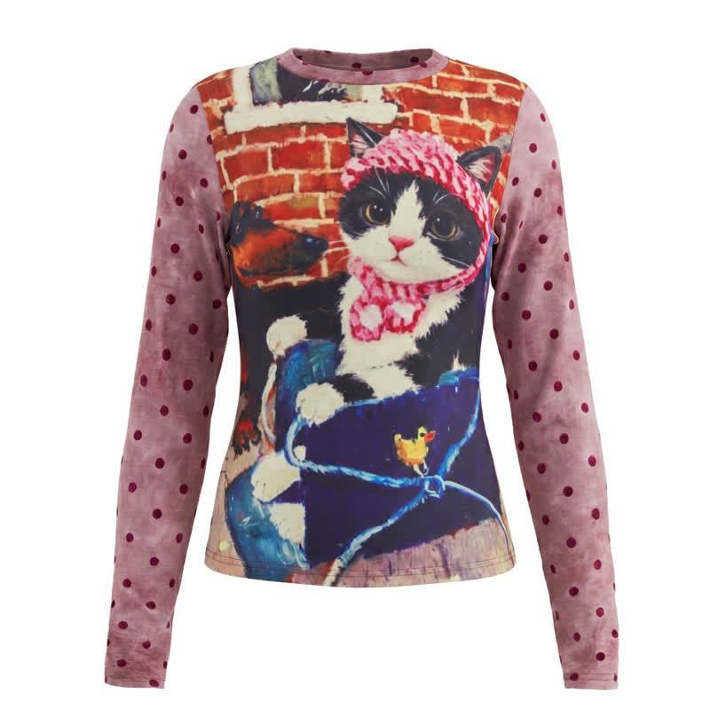 Y2K American Style Vintage Cat Print Polka Dot Long Sleeve T-shirt - Pink - L - image 4