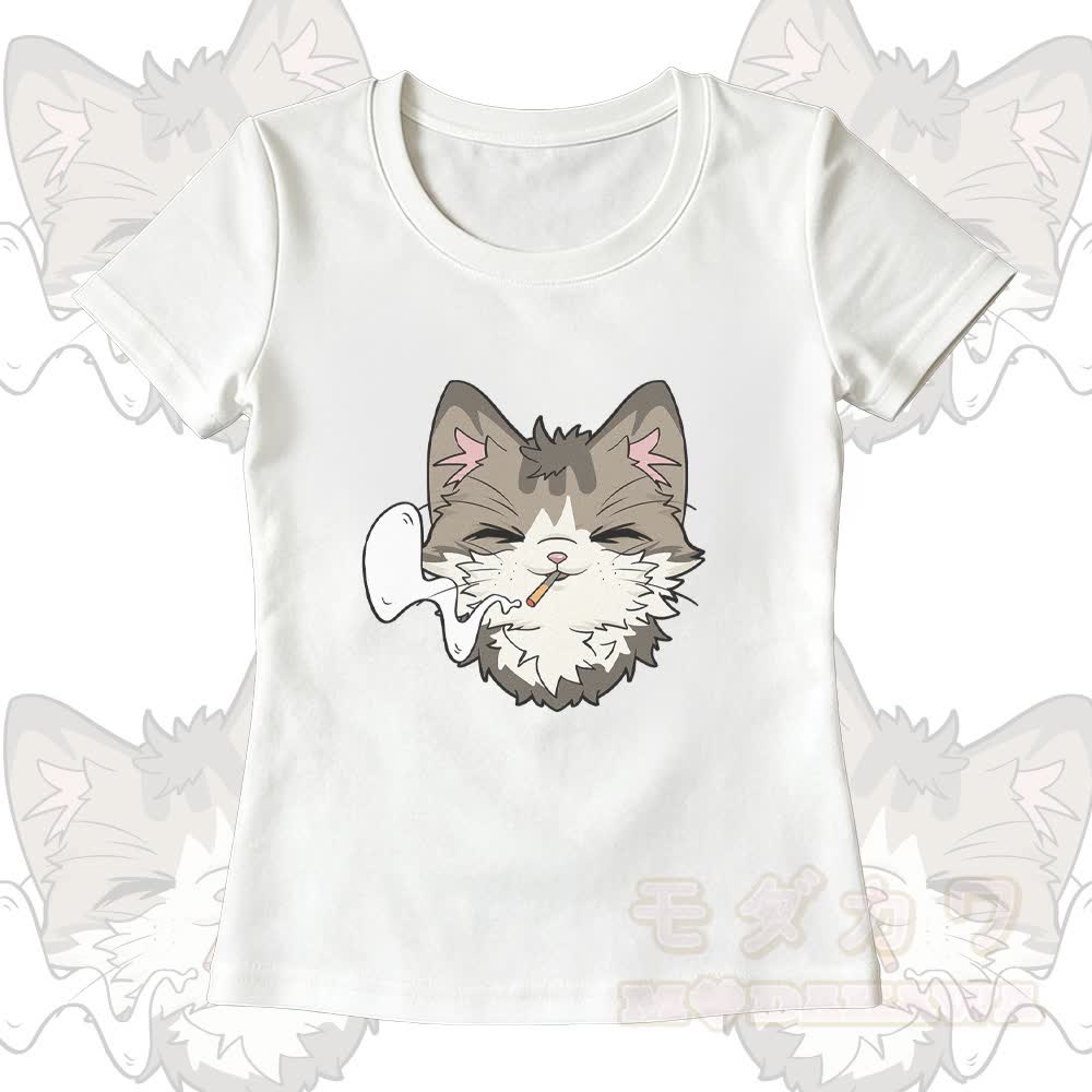 Smoking Cat Graphic U-Neck T-shirt Wide Leg Pants Matching Outfit - White T-shirt - XL - image 3