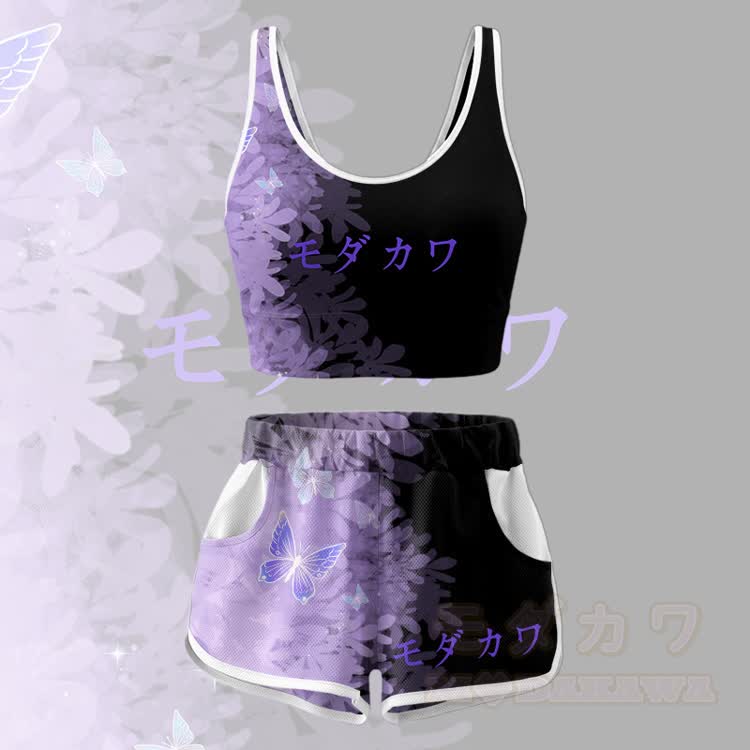 Butterfly Graphic Crop Tank Sport Top Shorts Bikini Modakawa Matching Outfit - Purple & Black Set - 5XL - image 4