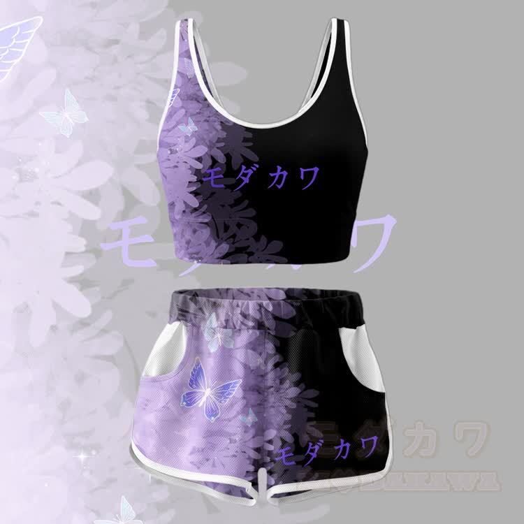 Butterfly Graphic Crop Tank Sport Top Shorts Bikini Modakawa Matching Outfit - Purple & Black Set - 5XL - image 4