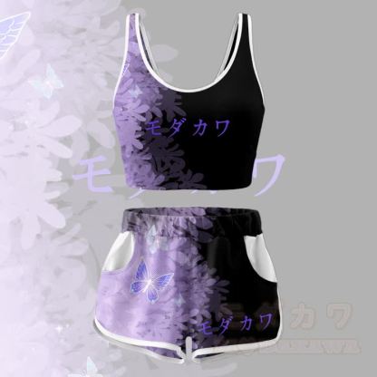 Butterfly Graphic Crop Tank Sport Top Shorts Bikini Modakawa Matching Outfit - Purple & Black Set - 5XL - image 4