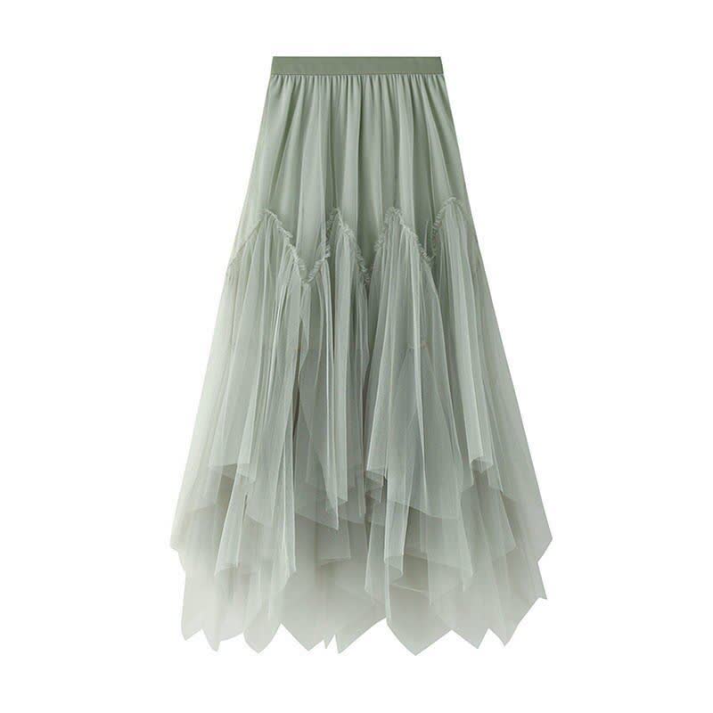  College Style Print Short Sleeve T-shirt Irregular Tulle Skirt Two Pieces Set - Green Skirt - XL - image 19