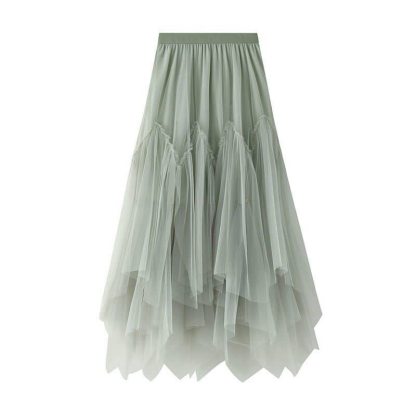  College Style Print Short Sleeve T-shirt Irregular Tulle Skirt Two Pieces Set - Green Skirt - XL - image 19
