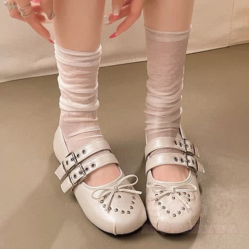 Cross Strap Studded Mary Jane Shoes - Apricot - 42 - image 8