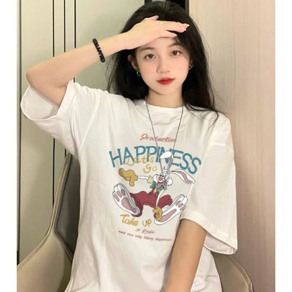 Cartoon Bunny Bear Sheep Print Loose T-Shirt - image 7
