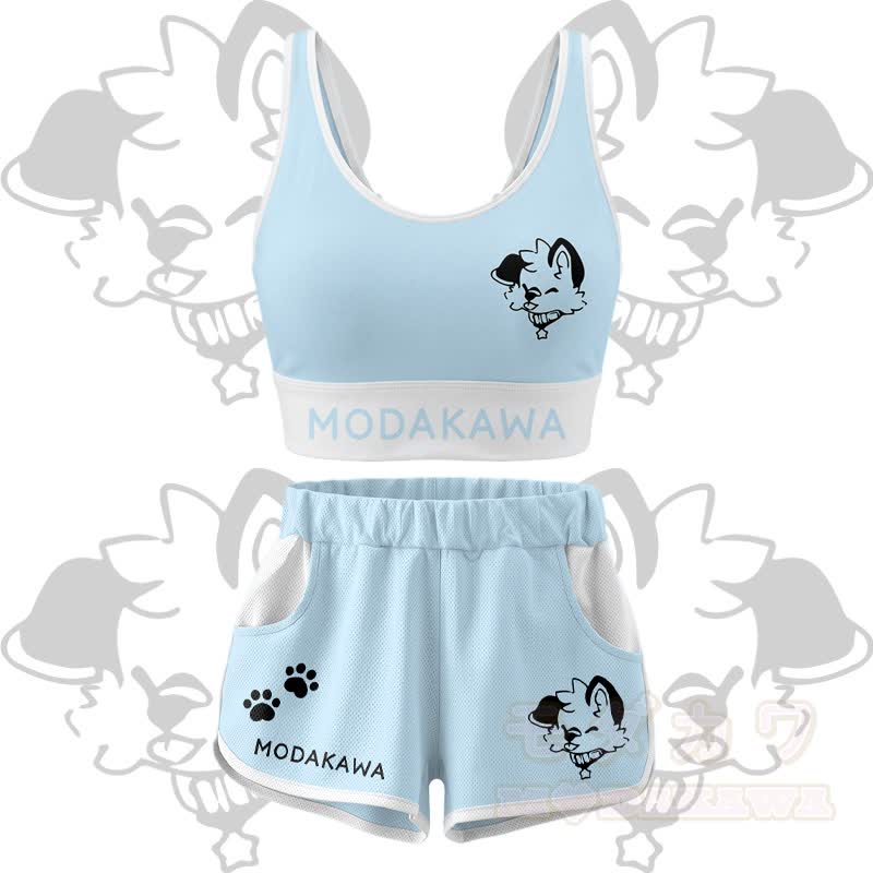 MODAKAWA X popipeko Puppy Graphic Crop Tank Sport Top Shorts Bikini Matching Outfit - Blue Set - 5XL - image 16