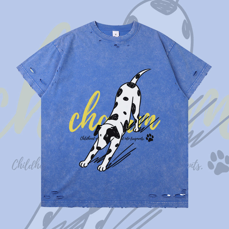 MODAKAWA Stretching Spotted Dog Graphic Ripped T-shirt - Blue - 2XL - image 4