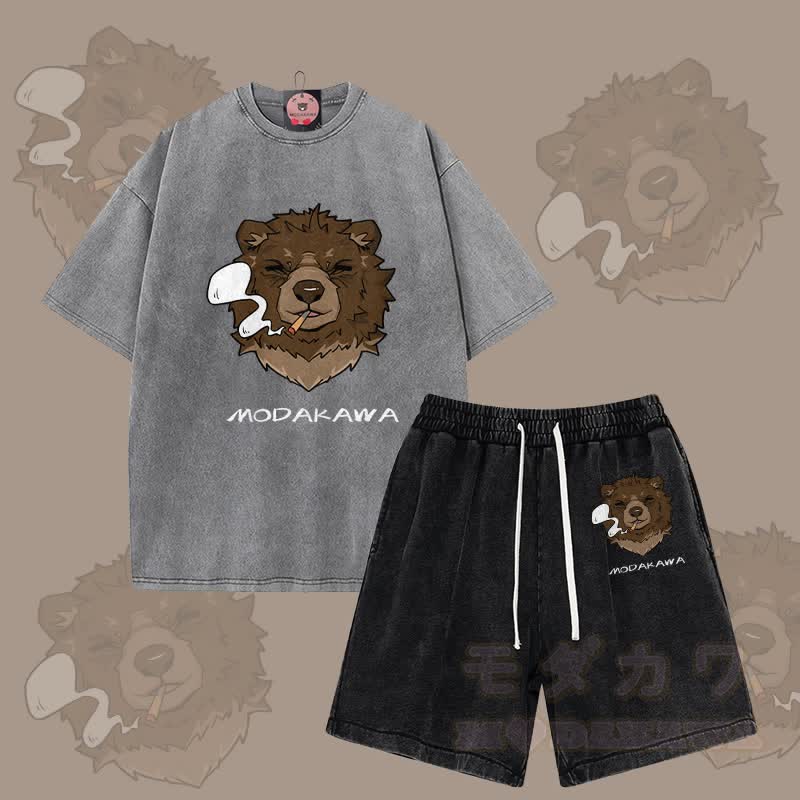 MODAKAWA Smoking Bear Graphic Vintage Washed T-shirt Shorts Two Pieces Set - Grey&Black - 3XL - image 10
