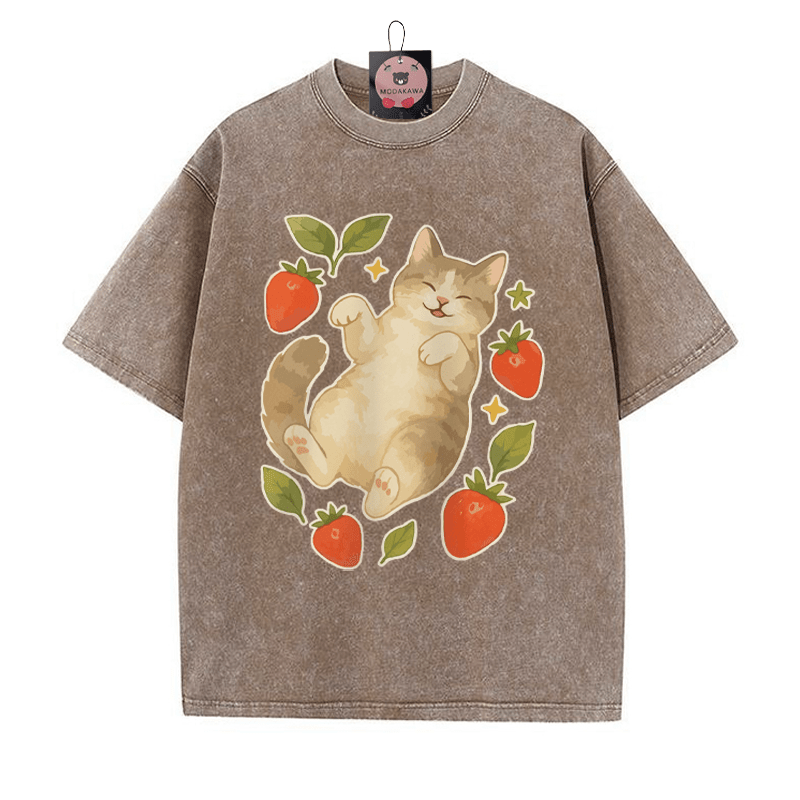 Kitty Strawberry Print Vintage Washed T-shirt - Brown - 5XL - image 4