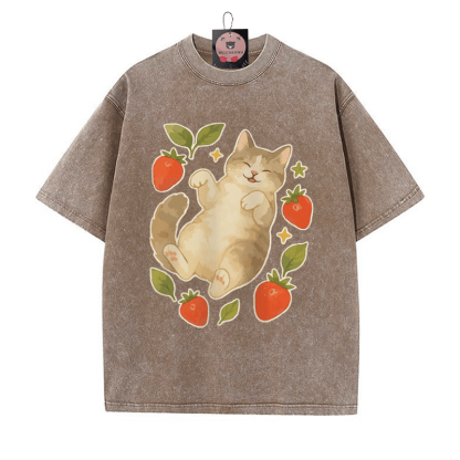 Kitty Strawberry Print Vintage Washed T-shirt - Brown - 5XL - image 4