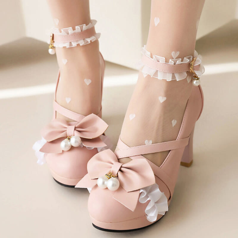 Bow Decor Lace Round Toe Chunk Heel Mary Janes Shoes - image 10