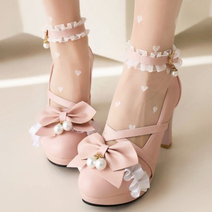 Bow Decor Lace Round Toe Chunk Heel Mary Janes Shoes - image 10