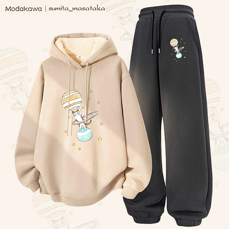 MODAKAWA X sumita_masataka Cat Lifting Saturn Graphic Thick Fleece Lined Hoodie Pants Two Pieces Set - Apricot&Dark Grey - 5XL - image 2
