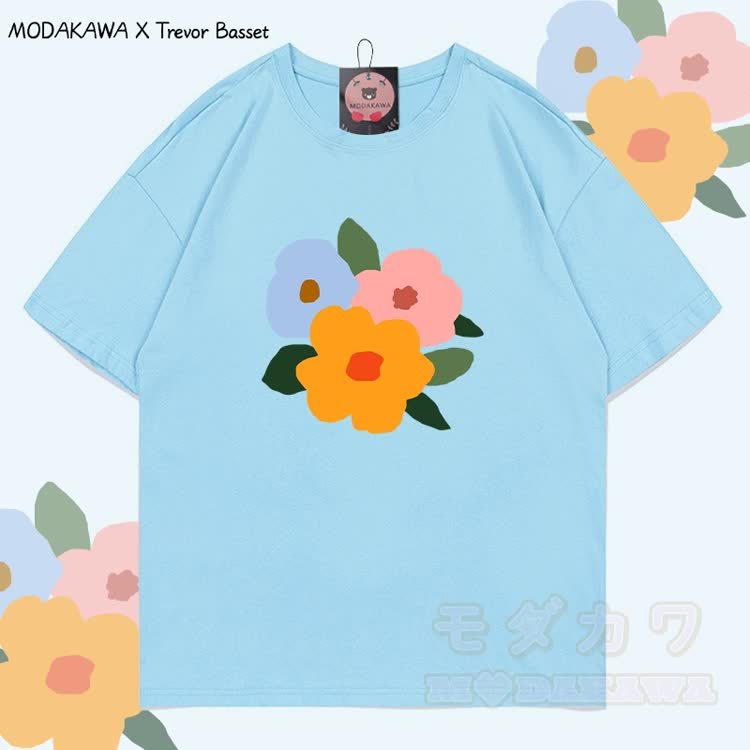 MODAKAWA X Trevor Basset Three Flowers Graphic 100% Cotton T-shirt - Sky Blue - 5XL - image 5