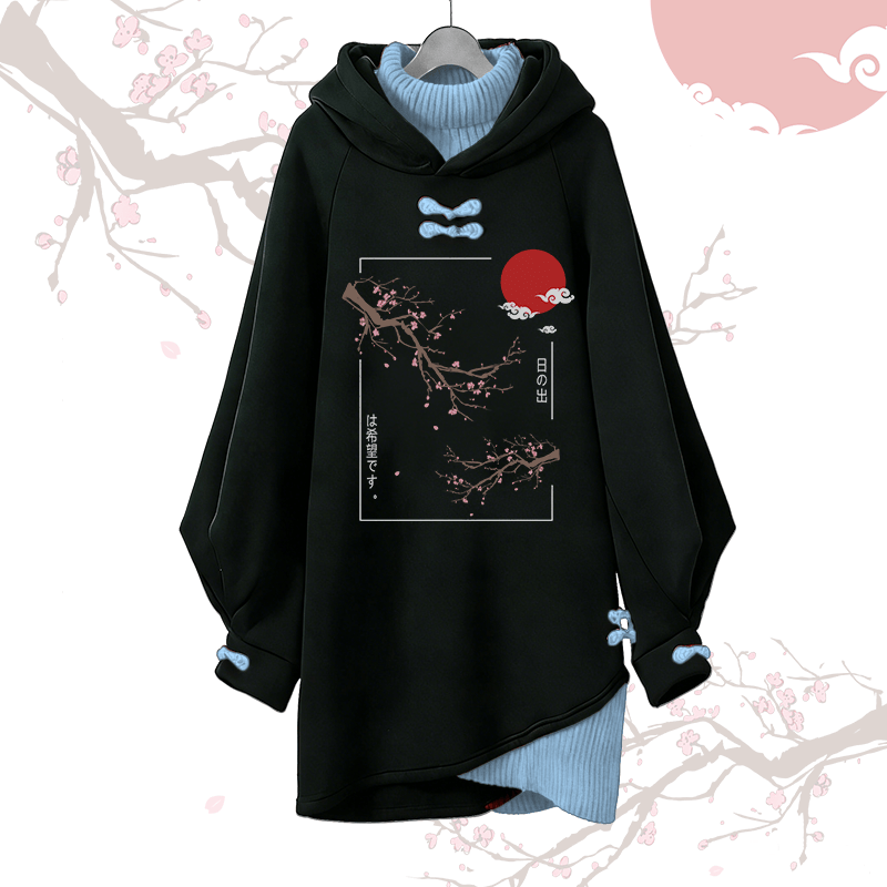Plum Blossom Graphic Modakawa Buckle Vintage Hooded Sweatshirt Dress - Blue - 3XL - image 2