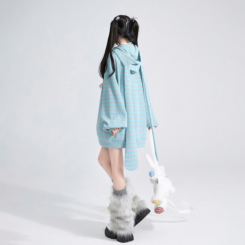 Long Bunny Ears Pocket Oversize Zipper Hooded Sweatshirt   - Blue Stripe - 3XL - image 8