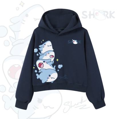 MODAKAWA Bubble Sharks Graphic Cropped Cotton Hoodie - Navy Blue - 3XL - image 11