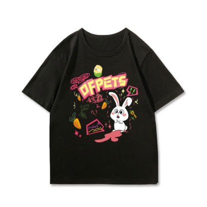 Cartoon Bunny Bear Sheep Print Loose T-Shirt - Black A - 3XL - image 2