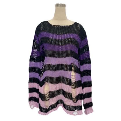 Gradient Loose Distressed Ripped Striped Knit Sweater - image 6