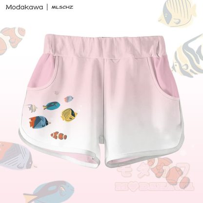 MODAKAWA X MLSCHZ Fish Graphic 100% Cotton T-shirt Gradient Shorts Matching Outfit - Light Pink Shorts - 5XL - image 9