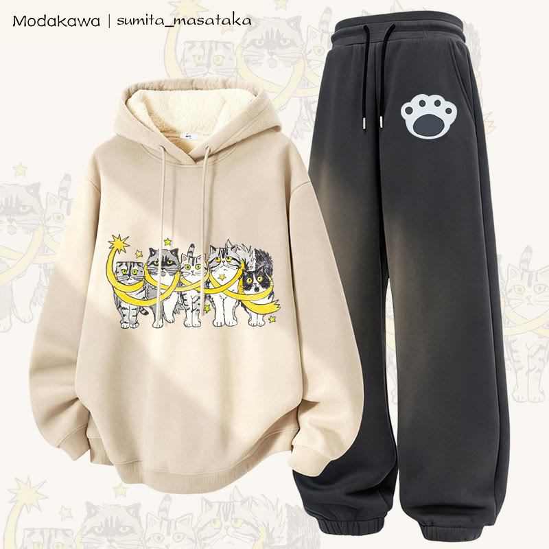 MODAKAWA X sumita_masataka Cats Wrapped In Stars Graphic Thick Fleece Lined Hoodie Pants Two Pieces Set - Apricot&Dark Grey - 5XL - image 2