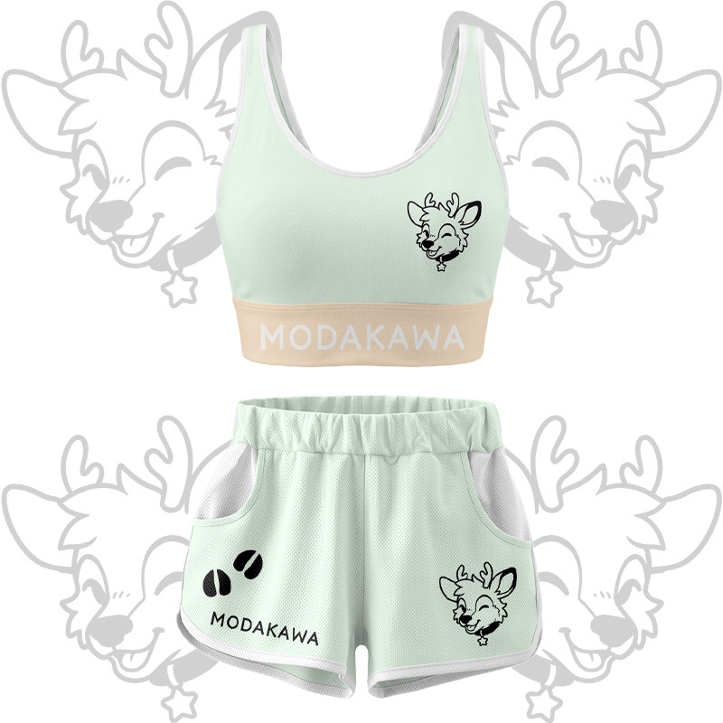 Deer Graphic Crop Tank Sport Top Shorts Bikini Modakawa Matching Outfit - Green Set - 5XL - image 15